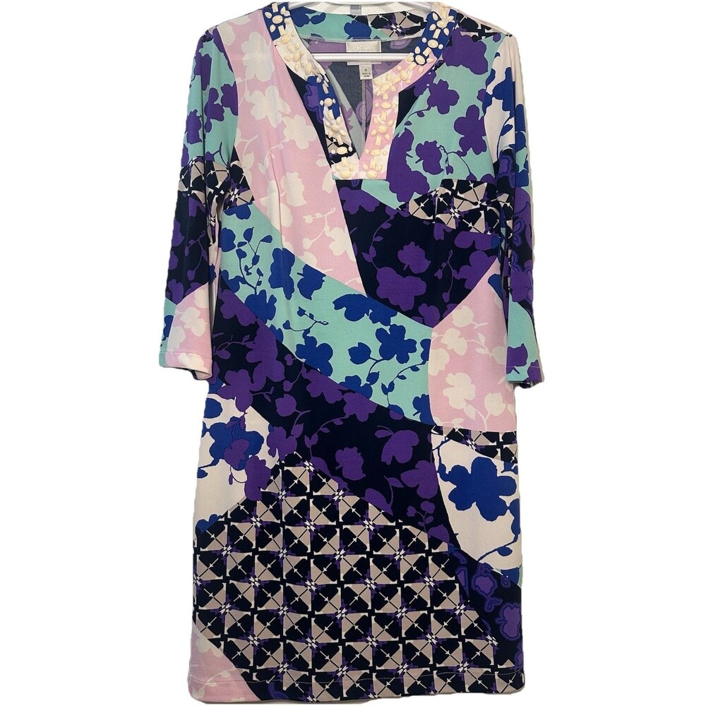 Donna Morgan Floral Print Sheath Dress Size 6 Beaded V-Neck Stretch Party